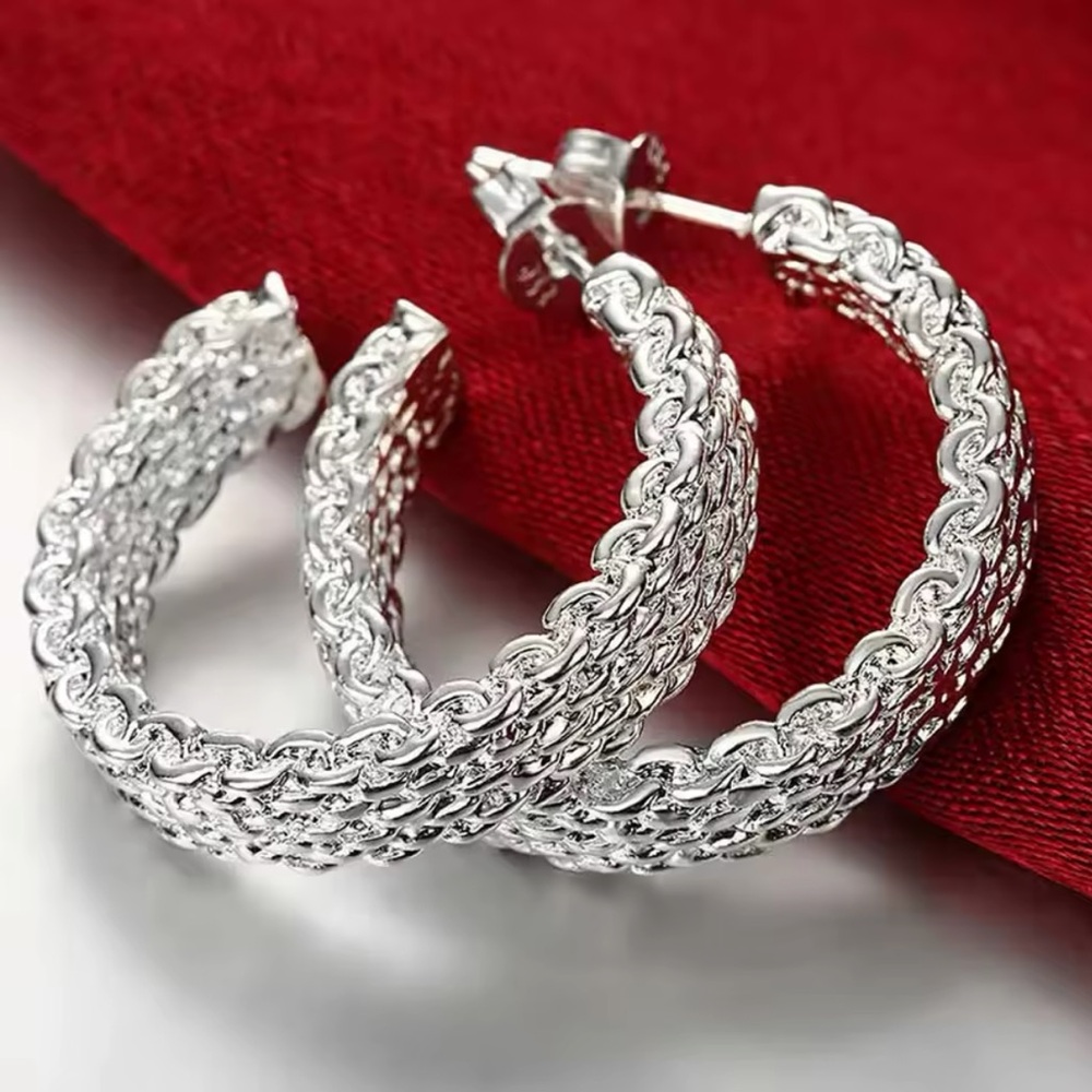 Intricate Silver Mesh Hoop Earrings
